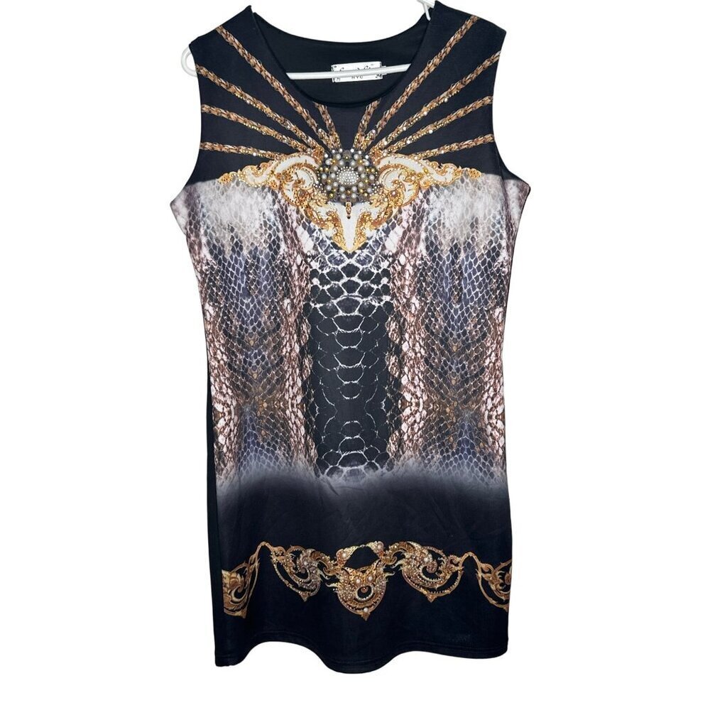Second Skin NYC women's black gold rhinestone sleeveless animal print tunic size